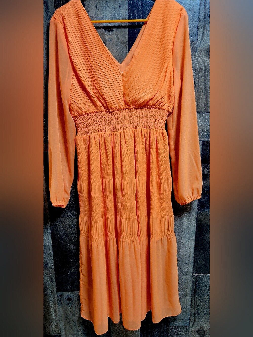 Steve Madden Orange Long Sleeve Smocked-Waist Maxi Dress